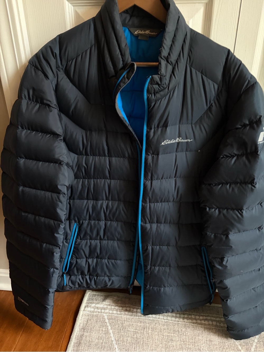 Eddie Bauer Men’s Navy Puffer Jacket with Blue Trim